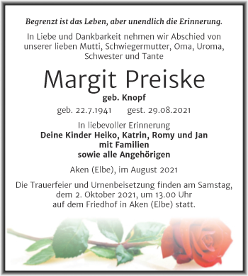 Traueranzeige von Margit Preiske von Trauerkombi Köthen