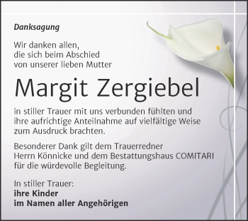 Traueranzeige von Margit Zergiebel von Trauerkombi Zeitz