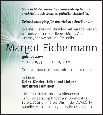 Traueranzeige von Margot Eichelmann von Mitteldeutsche Zeitung Halle/Saalkreis