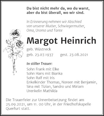 Traueranzeige von Margot Heinrich von Trauerkombi Merseburg