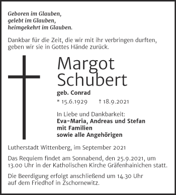 Traueranzeige von Margot Schubert von Mitteldeutsche Zeitung