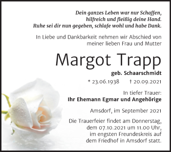 Traueranzeige von Margot Trapp von Trauerkombi Mansfelder Land