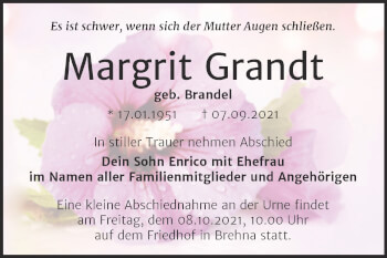 Traueranzeige von Margrit Grandt von Trauerkombi Bitterfeld