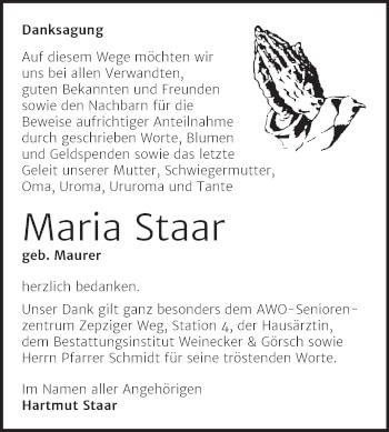 Traueranzeige von Maria Staar von Trauerkombi Bernburg