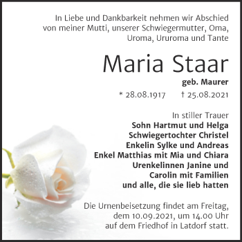 Traueranzeige von Maria Staar von Trauerkombi Bernburg