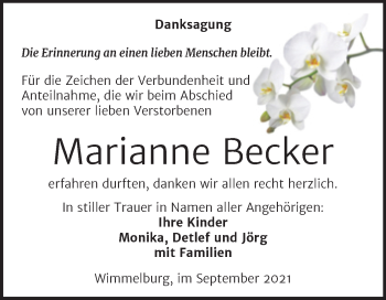 Traueranzeige von Marianne Becker von Trauerkombi Mansfelder Land