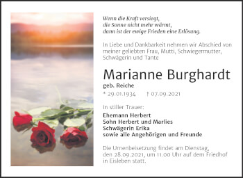 Traueranzeige von Marianne Burghardt von Trauerkombi Mansfelder Land