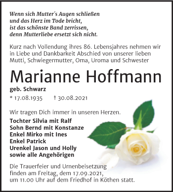 Traueranzeige von Marianne Hoffmann von Trauerkombi Köthen