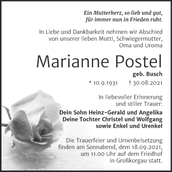 Traueranzeige von Marianne Postel von Trauerkombi Wittenberg