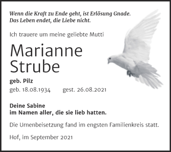 Traueranzeige von Marianne Strube von Trauerkombi Aschersleben