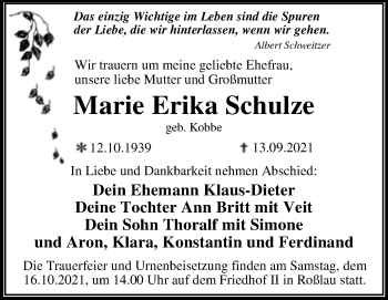 Traueranzeige von Marie Erika Schulze von Trauerkombi Dessau