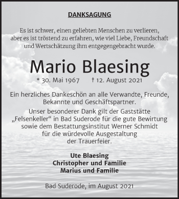 Traueranzeige von Mario Blaesing von Trauerkombi Quedlinburg