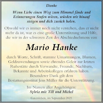 Traueranzeige von Mario Hanke von Trauerkombi Aschersleben