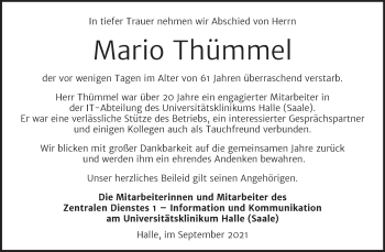 Traueranzeige von Mario Thümmel von Mitteldeutsche Zeitung Halle/Saalkreis