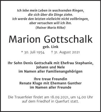 Traueranzeige von Marion Gottschalk von Trauerkombi Merseburg