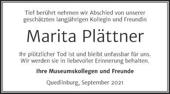 Traueranzeige von Marita Plättner von Trauerkombi Quedlinburg
