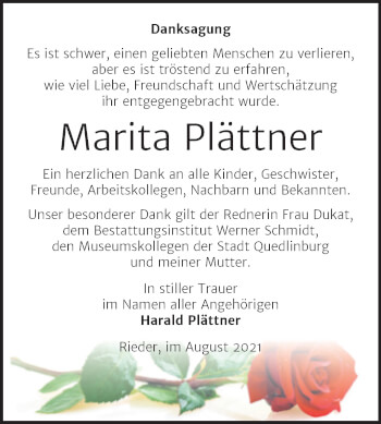 Traueranzeige von Marita Plättner von Trauerkombi Quedlinburg
