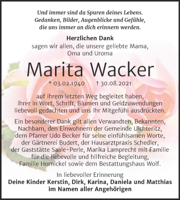 Traueranzeige von Marita Wacker von Trauerkombi Weißenfels