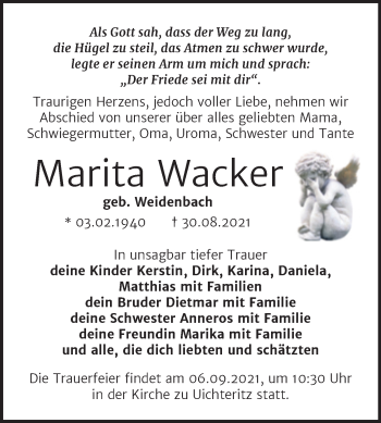 Traueranzeige von Marita Wacker von Trauerkombi Weißenfels