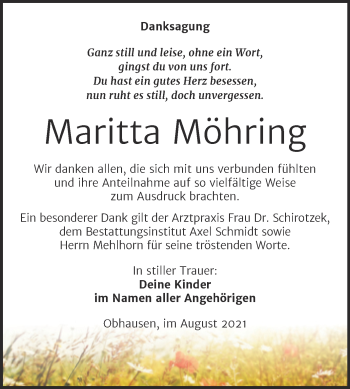 Traueranzeige von Maritta Möhring von Trauerkombi Merseburg