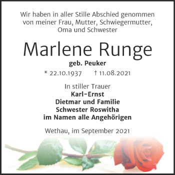 Traueranzeige von Marlene Runge von Wochenspiegel Naumburg/Nebra