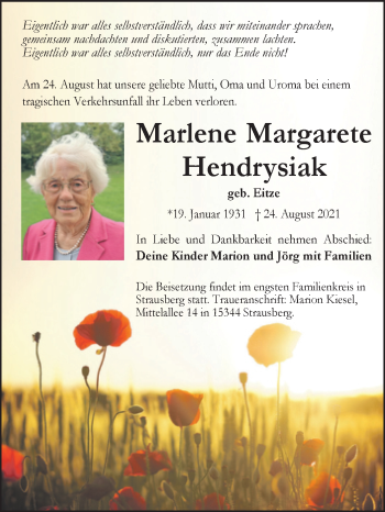 Traueranzeige von Marlene Margarete Hendrysiak von Trauerkombi Quedlinburg