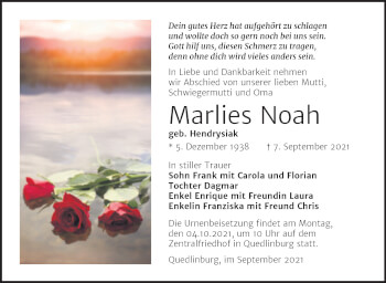 Traueranzeige von Marlies Noah von Trauerkombi Quedlinburg