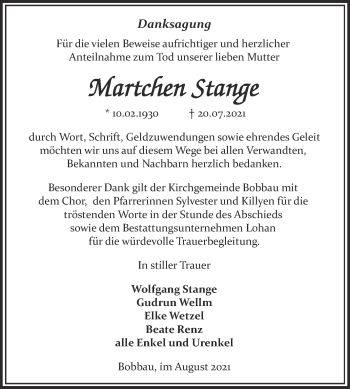 Traueranzeige von Martchen Stange von Trauerkombi Bitterfeld