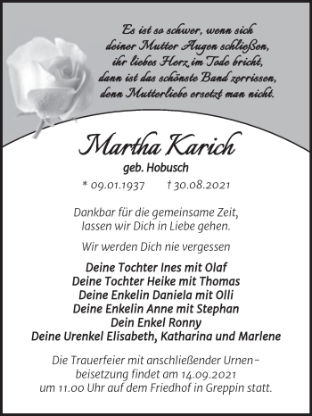 Traueranzeige von Martha Karich von Trauerkombi Bitterfeld