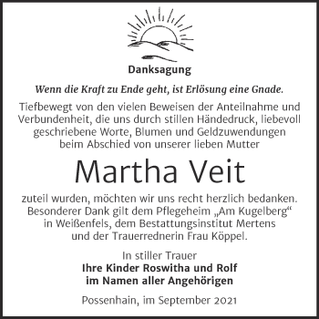 Traueranzeige von Martha Veit von Wochenspiegel Naumburg/Nebra