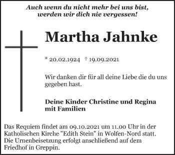 Traueranzeige von MarthaMartha Jahnke von Trauerkombi Bitterfeld