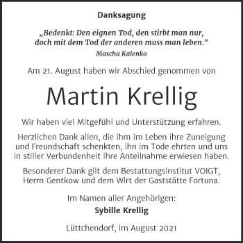Traueranzeige von Martin Krellig von Trauerkombi Mansfelder Land