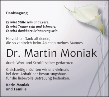 Traueranzeige von Martin Moniak von Trauerkombi Dessau