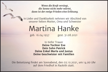 Traueranzeige von Martina Hanke von Trauerkombi Wittenberg