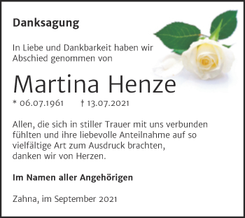 Traueranzeige von Martina Henze von Trauerkombi Wittenberg