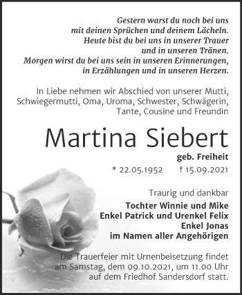Traueranzeige von Martina Siebert von Trauerkombi Bitterfeld