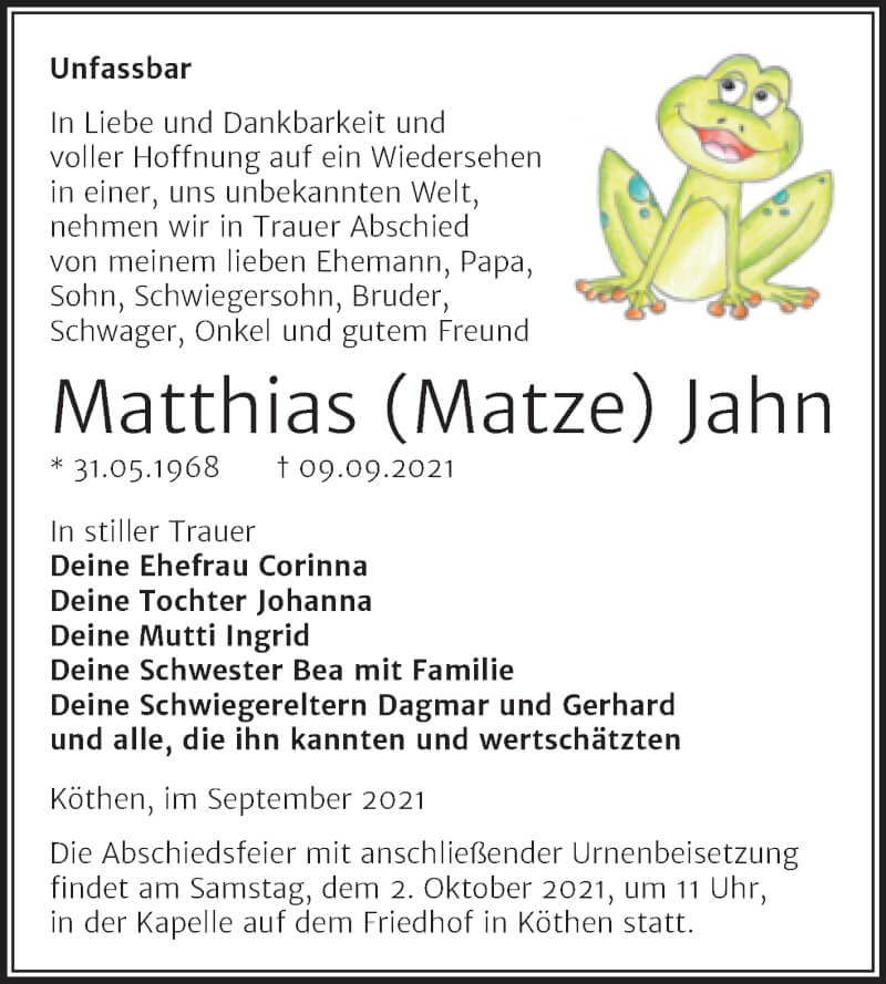  Traueranzeige für Matthias Jahn vom 18.09.2021 aus Trauerkombi Köthen