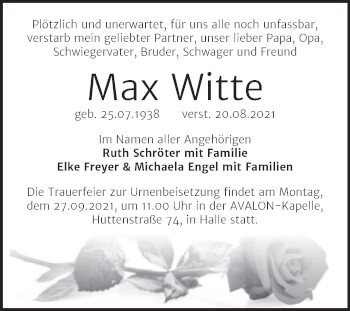 Traueranzeige von Max Witte von Mitteldeutsche Zeitung Halle/Saalkreis