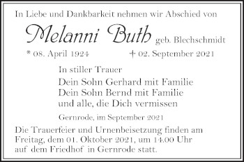 Traueranzeige von Melanni Buth von Trauerkombi Quedlinburg