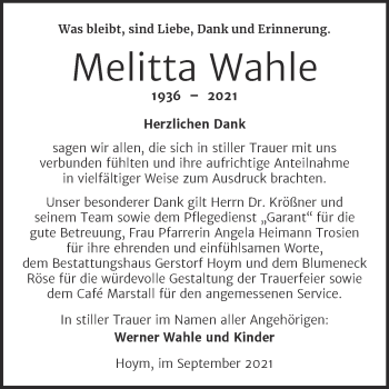 Traueranzeige von Melitta Wahle von Trauerkombi Aschersleben