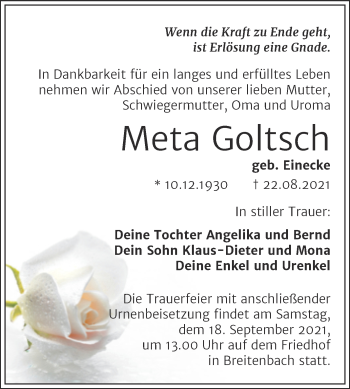 Traueranzeige von Meta Goltsch von Trauerkombi Sangerhausen