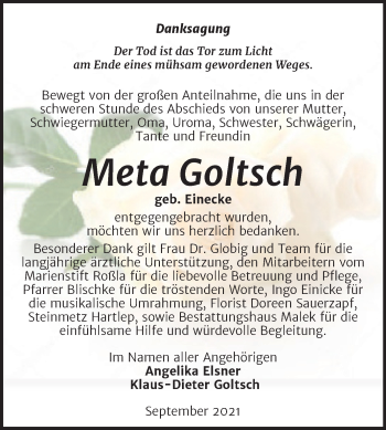 Traueranzeige von Meta Goltsch von Trauerkombi Sangerhausen