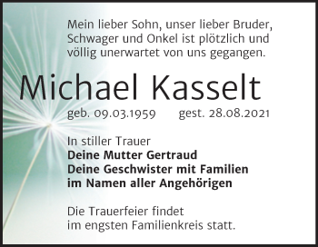 Traueranzeige von Michael Kasselt von Trauerkombi Wittenberg