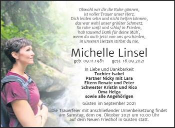 Traueranzeige von Michelle Linsel von Trauerkombi Bernburg
