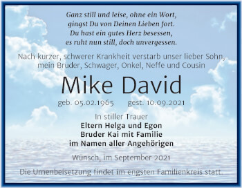 Traueranzeige von Mike David von Trauerkombi Merseburg
