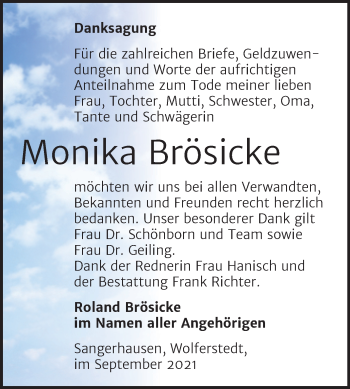 Traueranzeige von Monika Brösicke von Trauerkombi Sangerhausen
