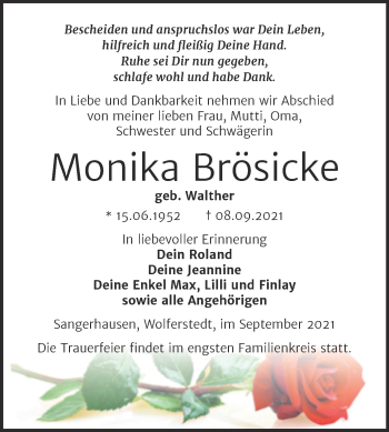 Traueranzeige von Monika Brösicke von Trauerkombi Sangerhausen