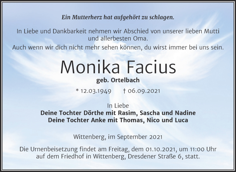  Traueranzeige für Monika Facius vom 11.09.2021 aus Trauerkombi Wittenberg