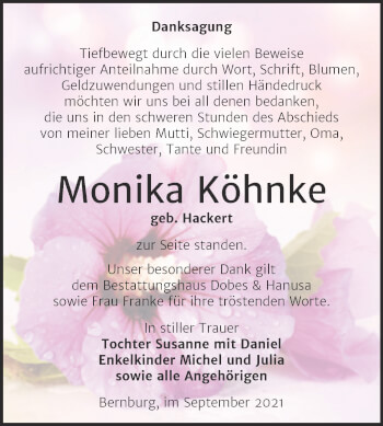 Traueranzeige von Monika Köhnke von Trauerkombi Bernburg