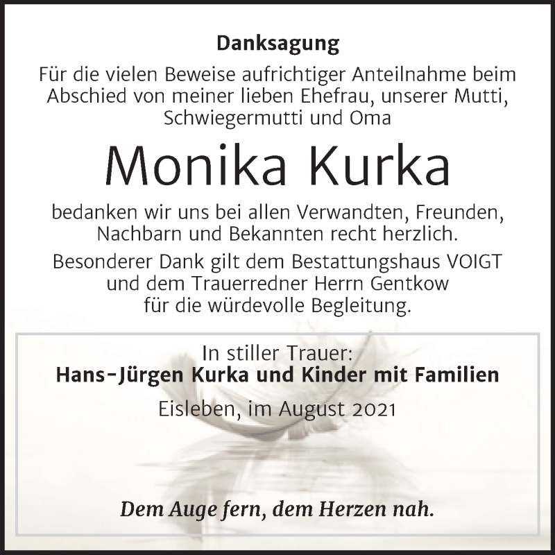  Traueranzeige für Monika Kurka vom 04.09.2021 aus Trauerkombi Mansfelder Land